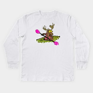 Kayaking Alaskan Moose, Creep Werks Moose in a Kayak Kids Long Sleeve T-Shirt